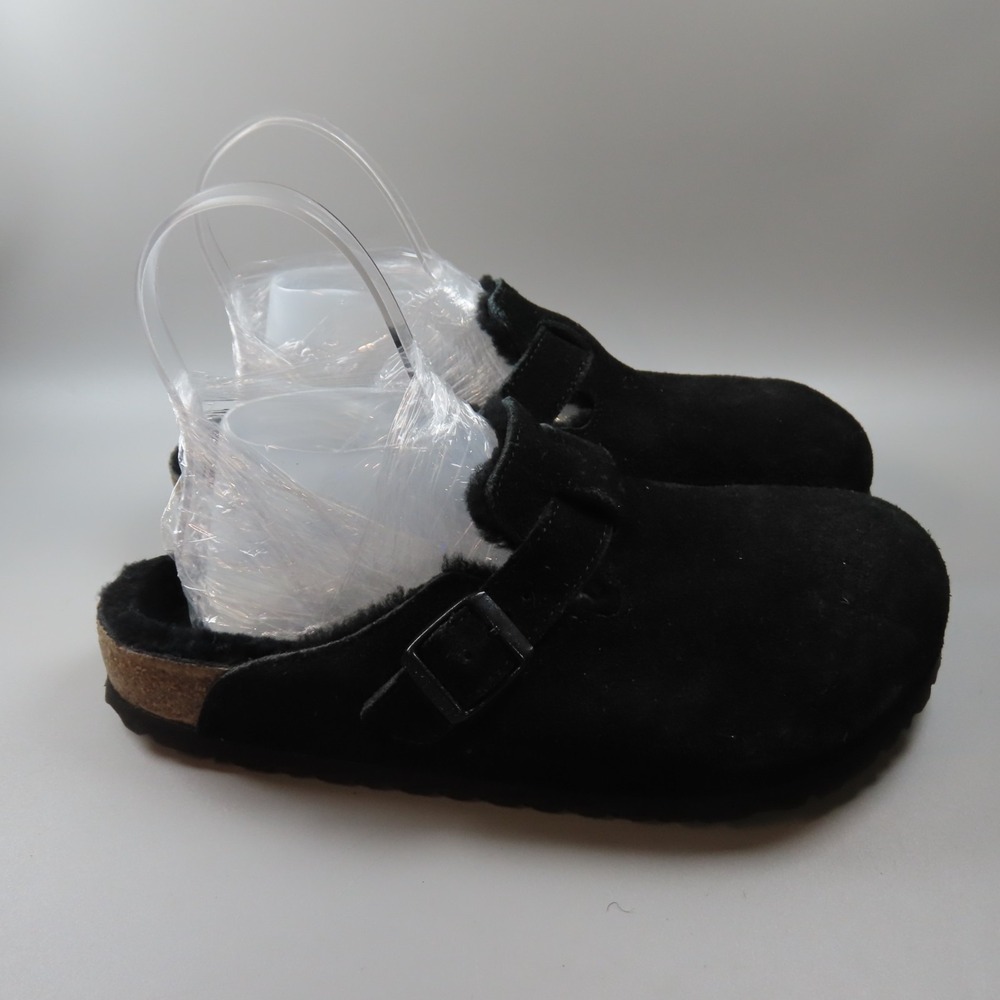 Birkenstock Boston‎ Clogs Women Black Suede Shearling Lined Buckle Strap Size 9